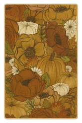 Pumpkin and floral autumn harvest rug in warm rust and gold tones.