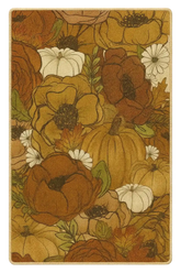 Pumpkin and floral autumn harvest rug in warm rust and gold tones.
