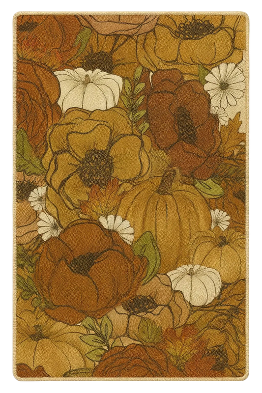 Pumpkin and floral autumn harvest rug in warm rust and gold tones.