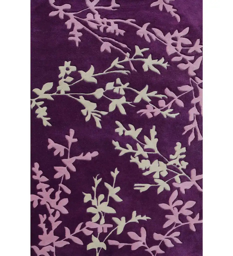 Purple botanical floral vine rug with light pink and cream leaf patterns