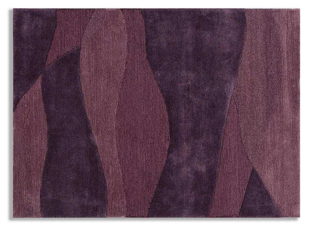 Purple modern plum wave textured rug with abstract curved patterns
