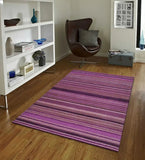 Modern striped rug in plum, violet, and lilac shades