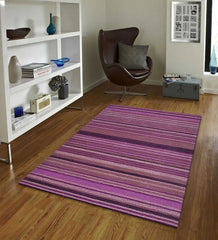 Modern striped rug in plum, violet, and lilac shades