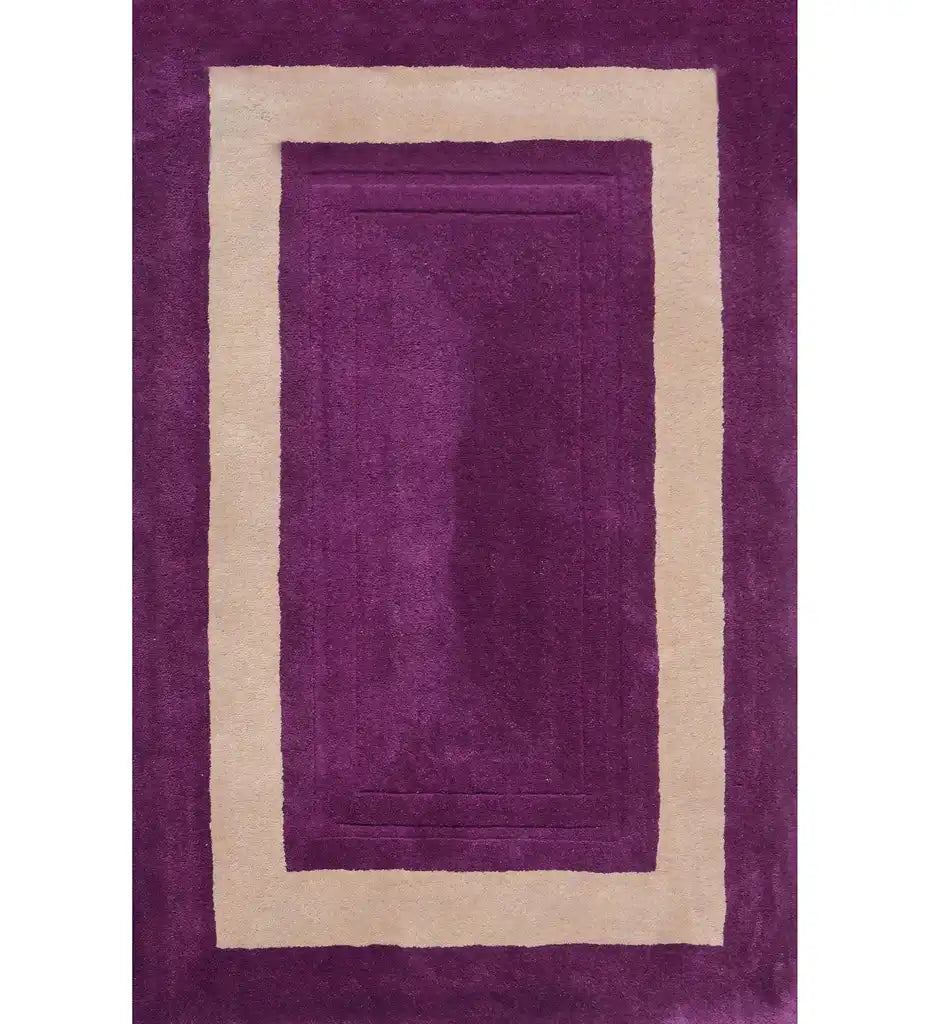 Purple and beige bordered hand-tufted wool rug