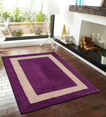 Modern purple rug with beige rectangular border