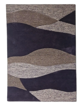 Purple and beige modern wave pattern hand tufted rug with textured design for living room decor.