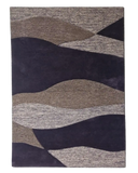 Purple and beige modern wave pattern hand tufted rug with textured design for living room decor.