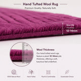 Purple hand tufted wool rug with text and measurements on a white background