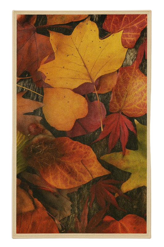 Realistic autumn leaf rug with golden and crimson leaves, machine washable.