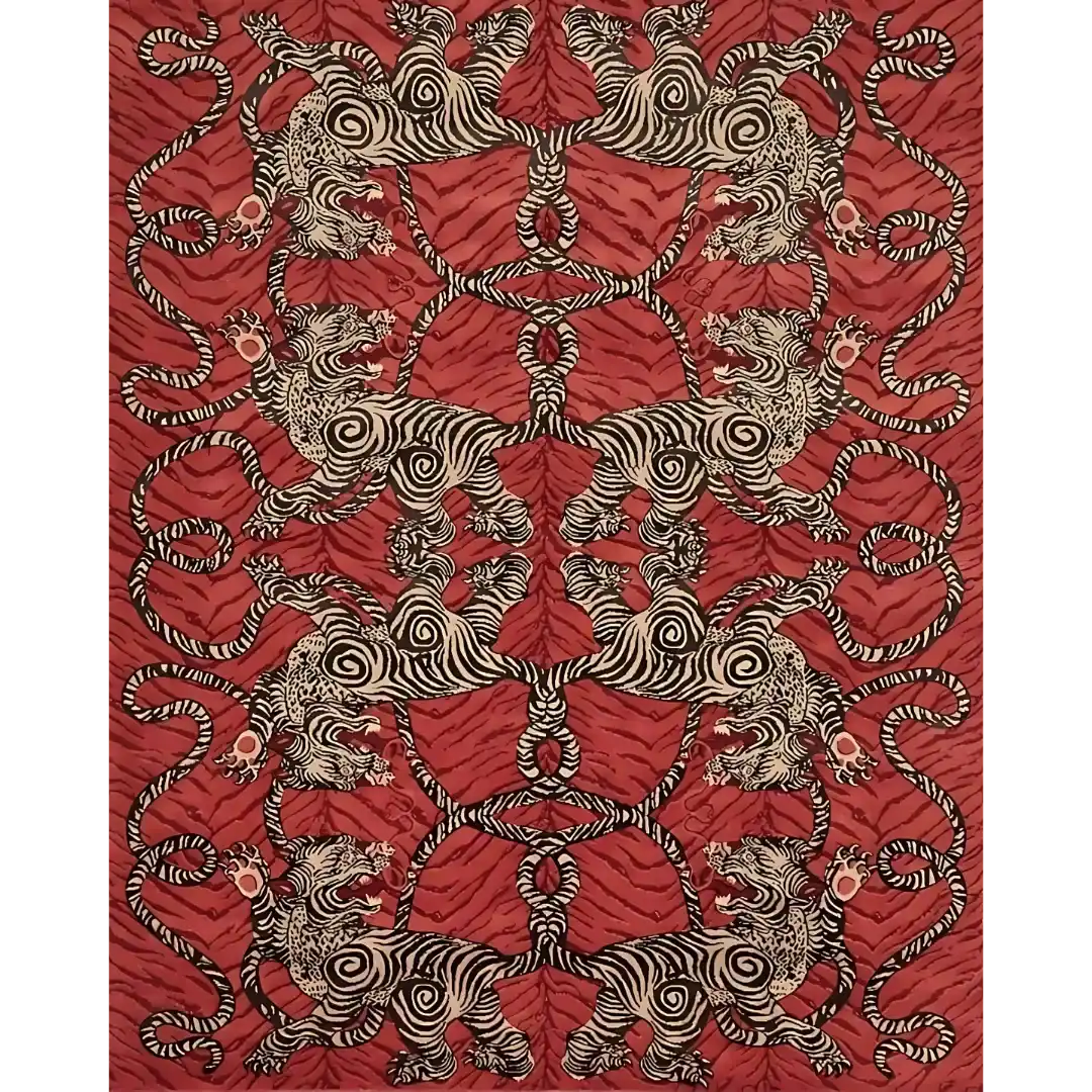 Luxury red animal rug featuring handwoven tiger motifs in intricate symmetrical design
