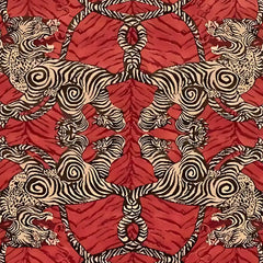 Red rug with intricate symmetrical design featuring stylized spiral-striped animals and bold patterns