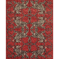 Luxury red animal rug featuring handwoven tiger motifs in intricate symmetrical design