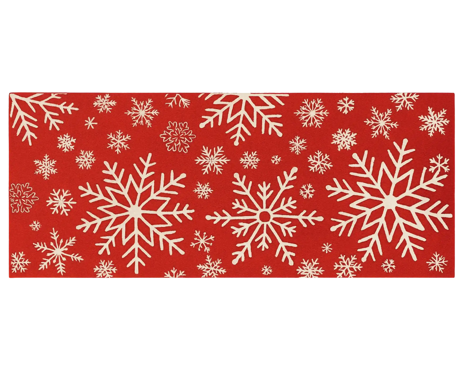 Holiday snowflake rug runner in bright red wool for festive décor.