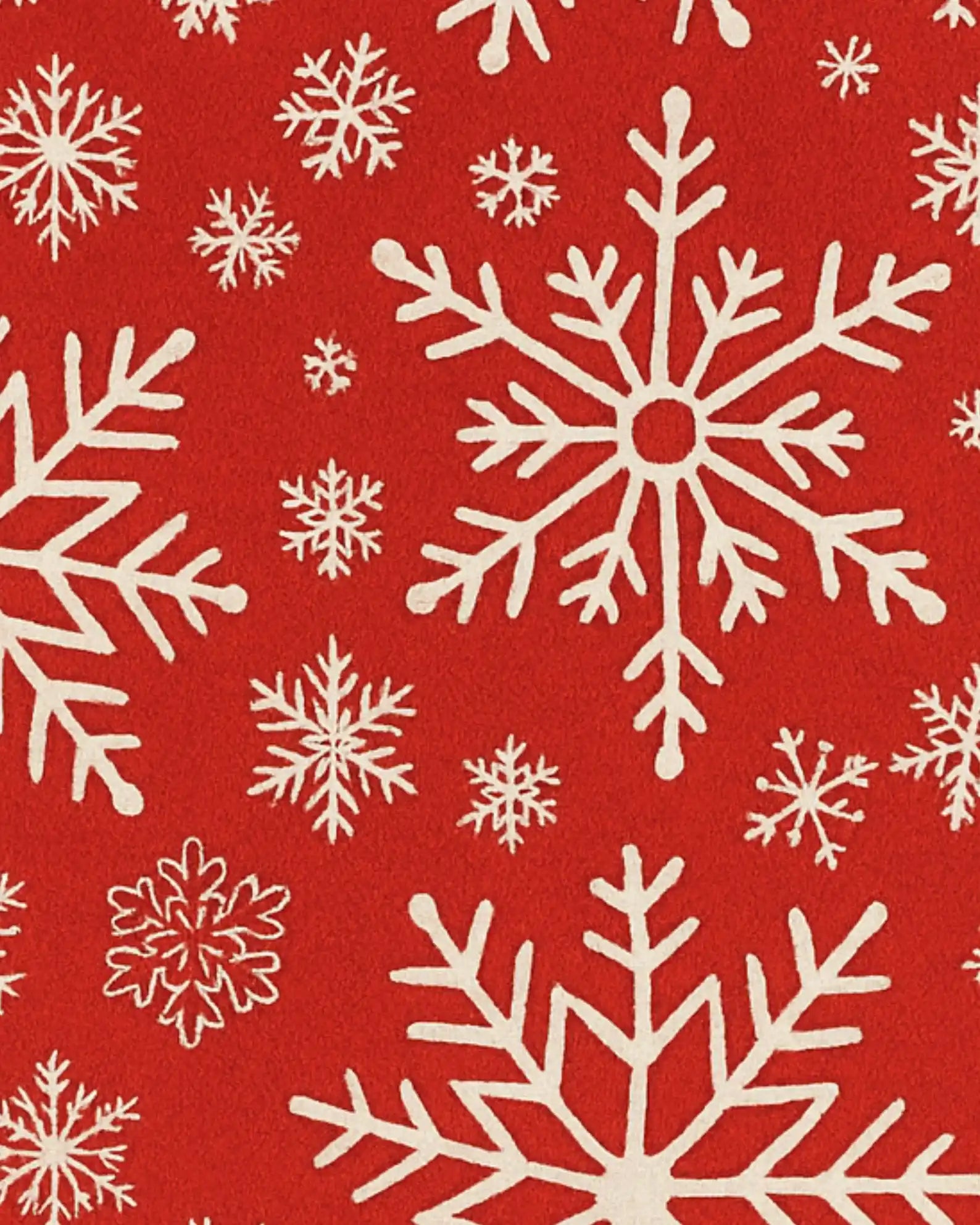 Premium wool Christmas runner rug featuring large white snowflakes.