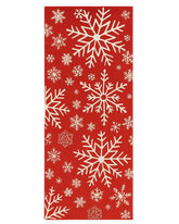 Hand-tufted red Christmas runner rug with ivory snowflake patterns.