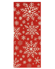 Hand-tufted red Christmas runner rug with ivory snowflake patterns.