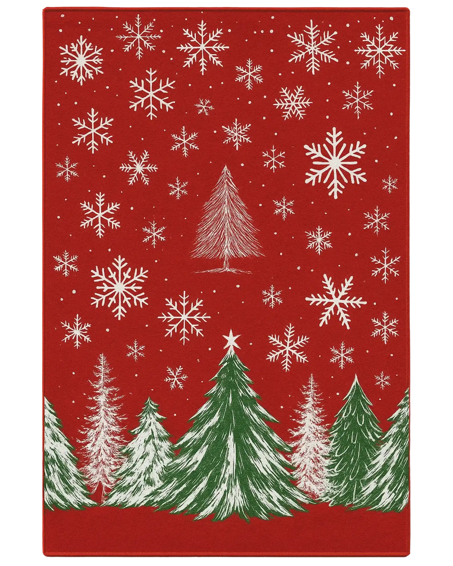 Red Christmas rug with white snowflakes and green pine tree design