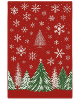 Red Christmas rug with white snowflakes and green pine tree design