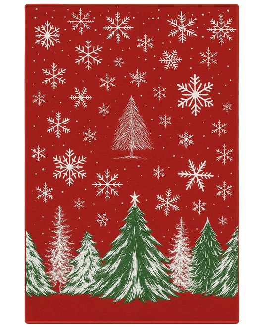 Red Christmas rug with white snowflakes and green pine tree design