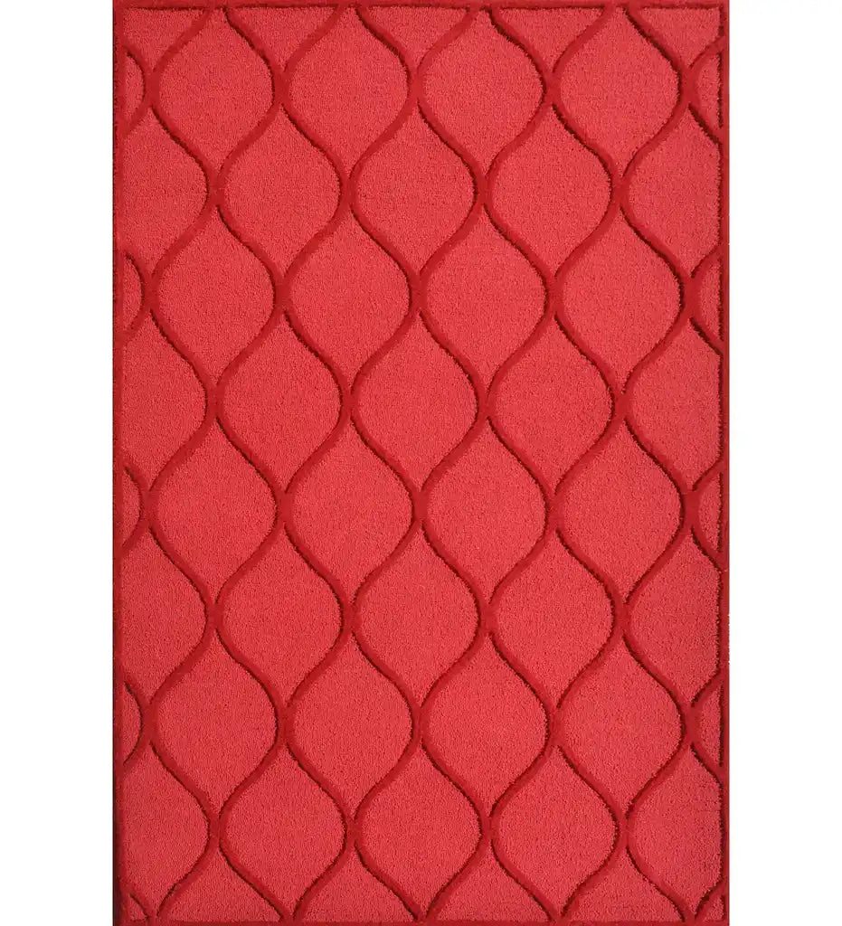 Red embossed geometric hand-tufted wool rug with wave design