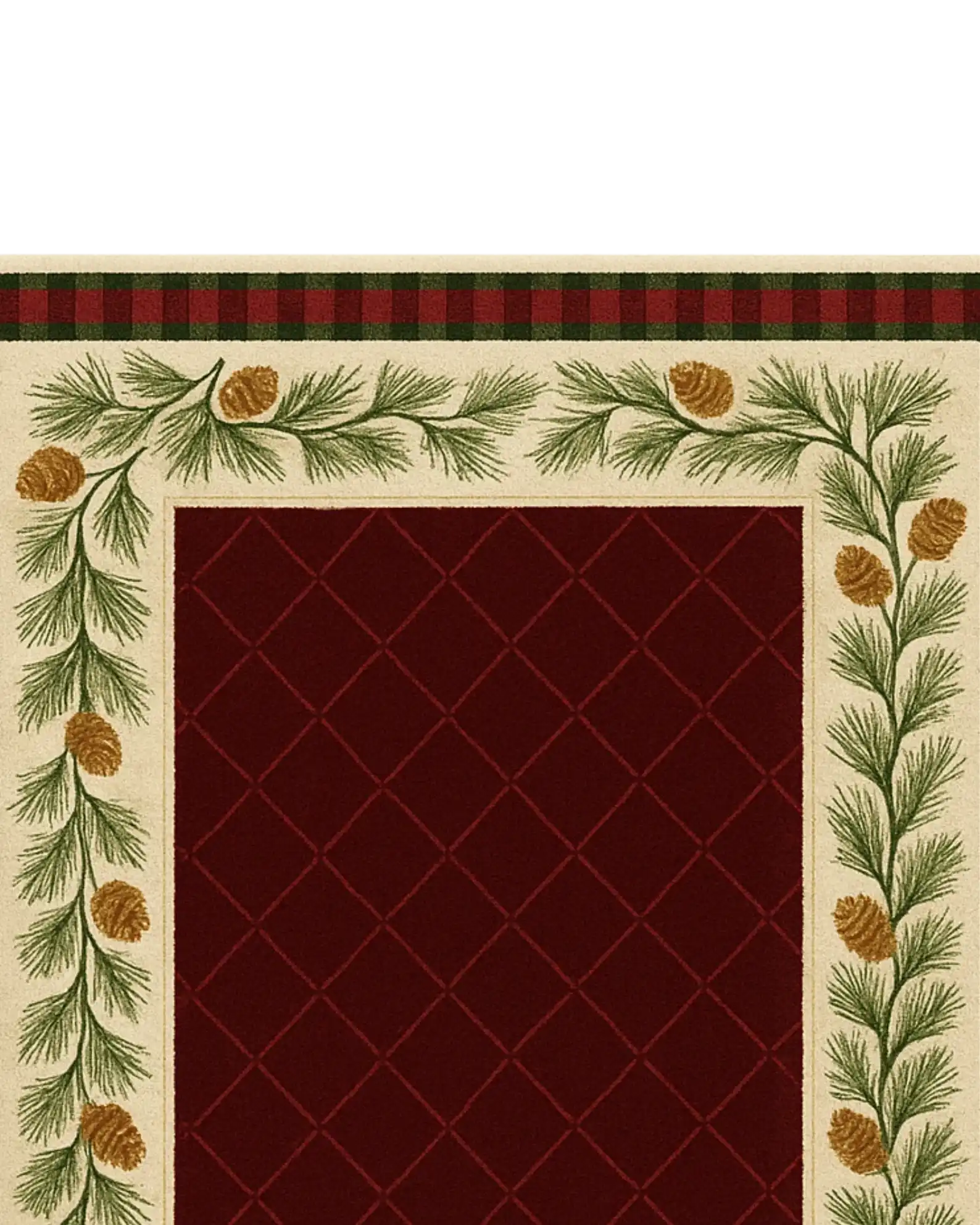 Traditional plaid holiday rug with festive embroidered border.