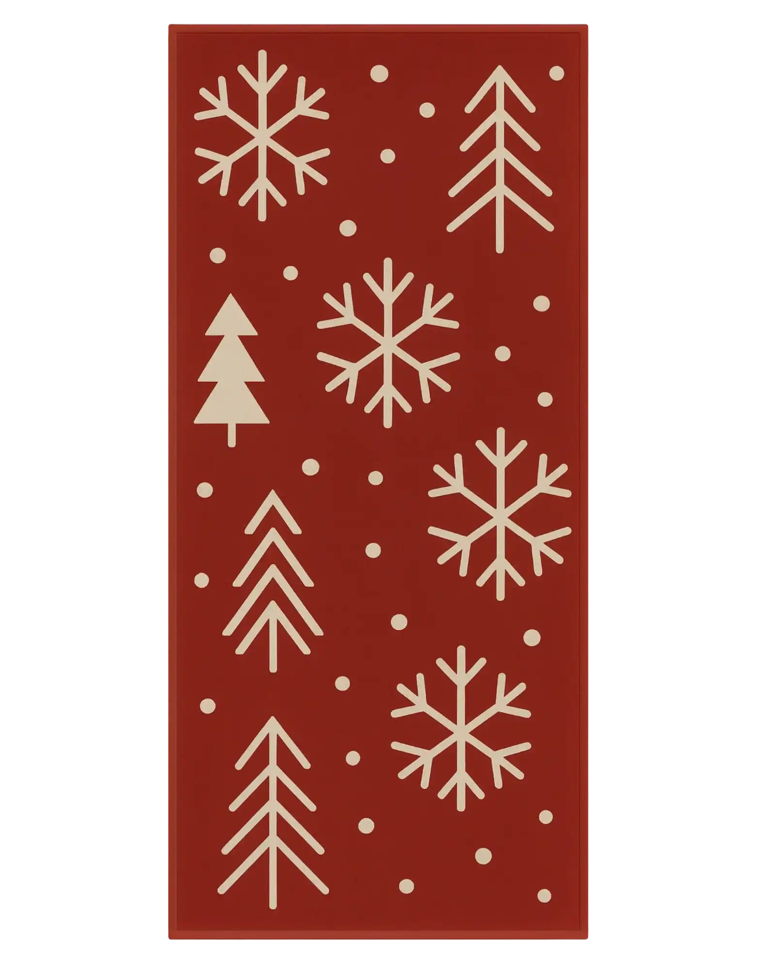 Red Christmas runner rug with beige snowflakes and modern tree motifs.