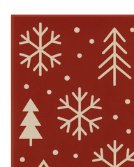 Modern red Christmas rug with festive snowflake and tree icons.