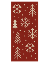 Red Christmas runner rug with beige snowflakes and modern tree motifs.