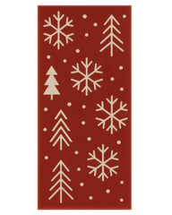 Red Christmas runner rug with beige snowflakes and modern tree motifs.
