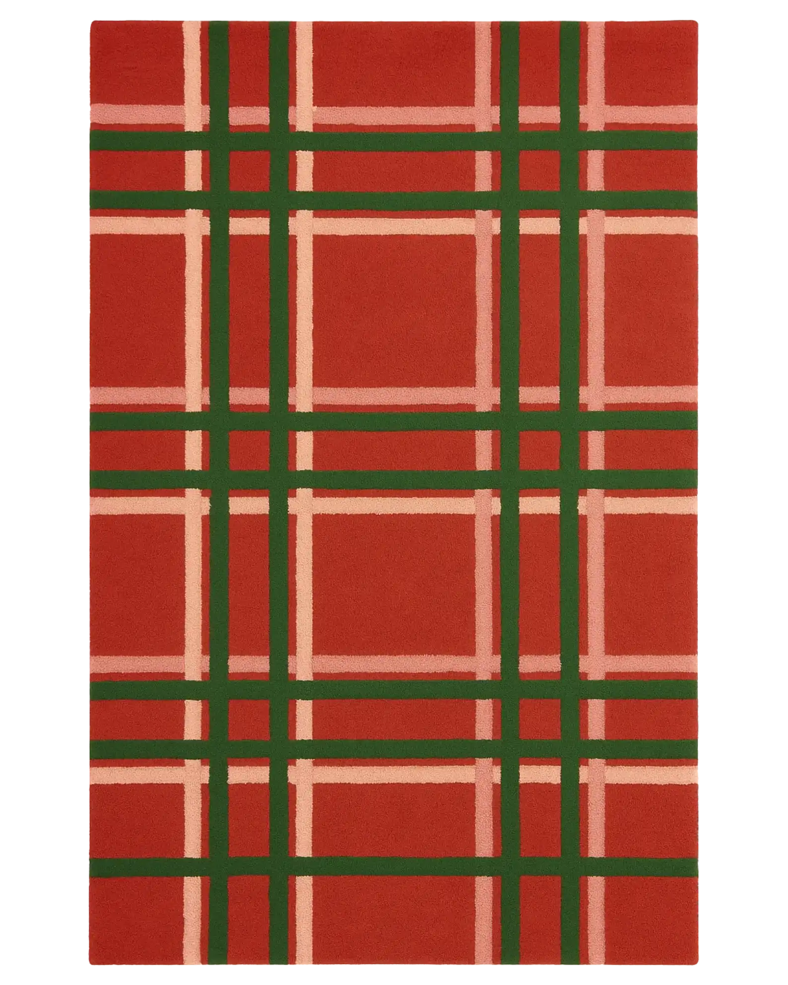 Hand-tufted plaid Christmas rug with red and green tartan pattern.