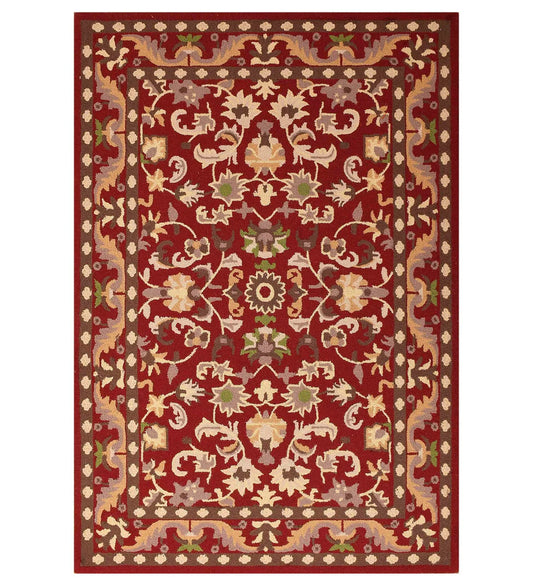 Red traditional floral hand-tufted wool rug with ornate border