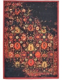 Red vintage rug with intricate floral and geometric patterns on a dark background and a red border