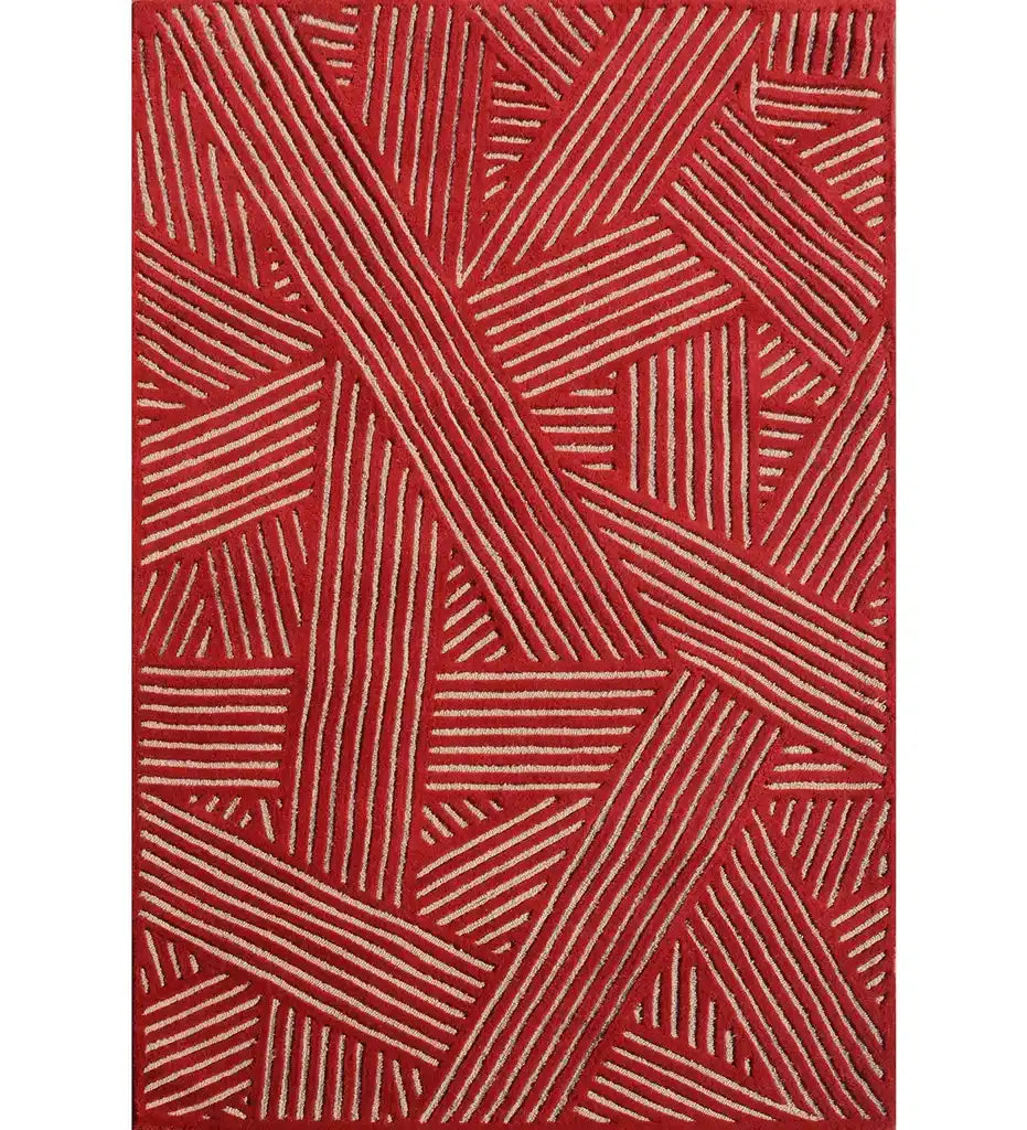 Red and beige hand-tufted wool rug with modern abstract line weave design.