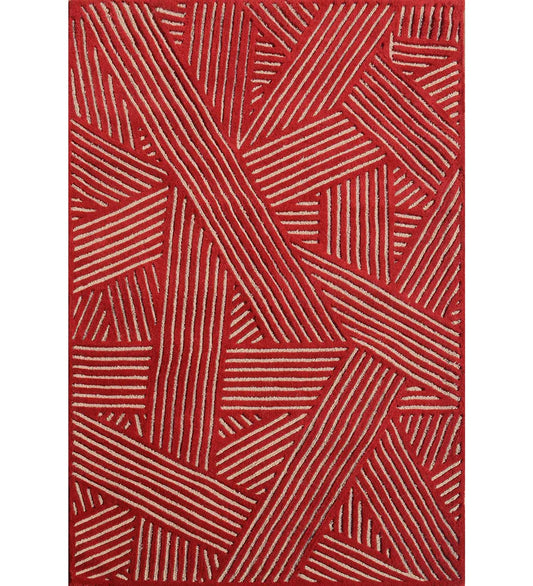 Red and beige hand-tufted wool rug with modern abstract line weave design.