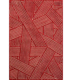Red and beige hand-tufted wool rug with modern abstract line weave design.
