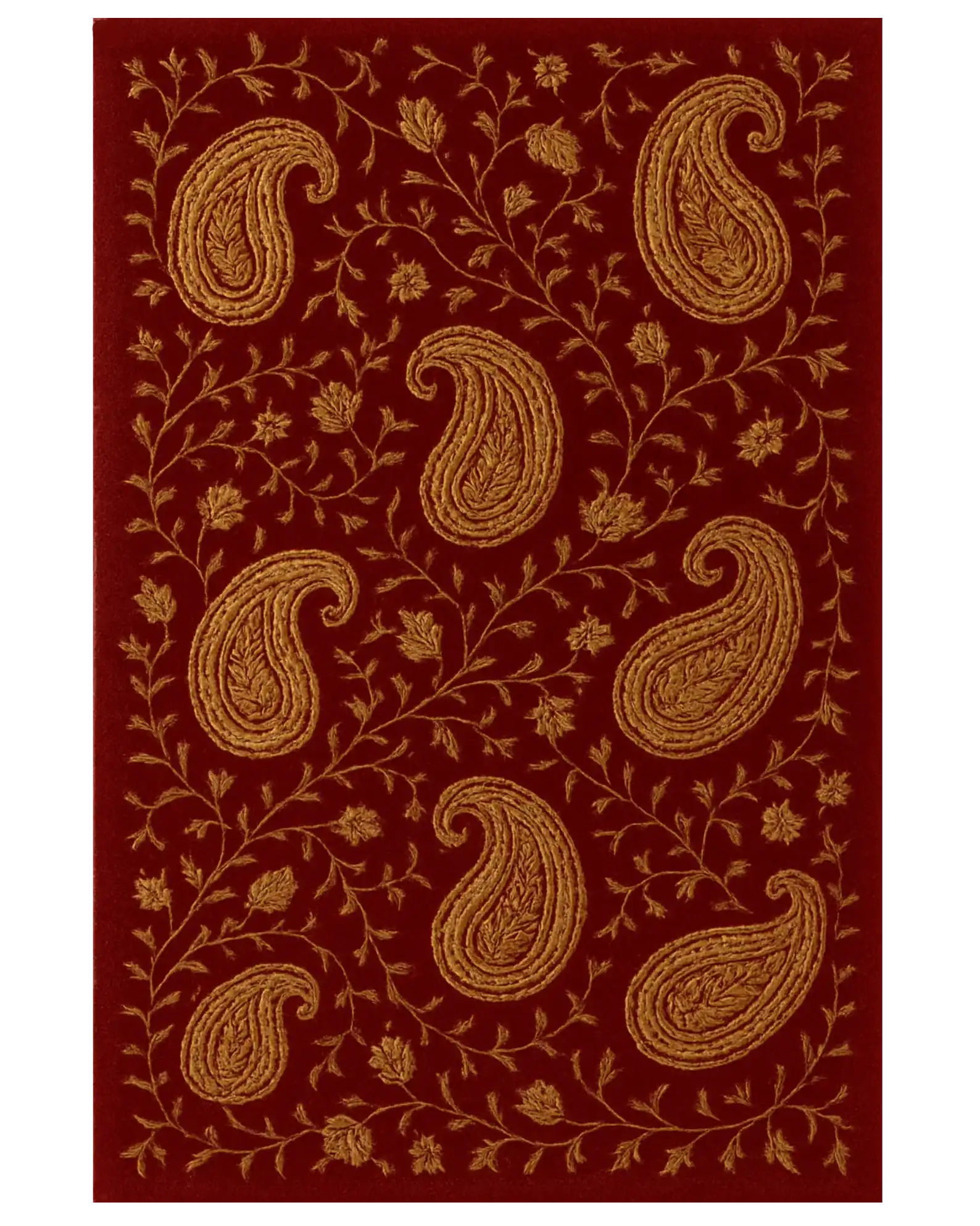 Red and gold hand-tufted wool paisley area rug with floral detailing.