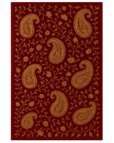 Red and gold hand-tufted wool paisley area rug with floral detailing.