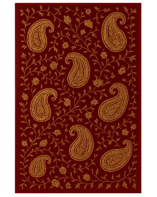 Red and gold hand-tufted wool paisley area rug with floral detailing.