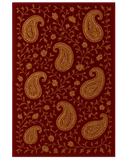 Red and gold hand-tufted wool paisley area rug with floral detailing.