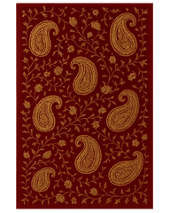 Red and gold hand-tufted wool paisley area rug with floral detailing.