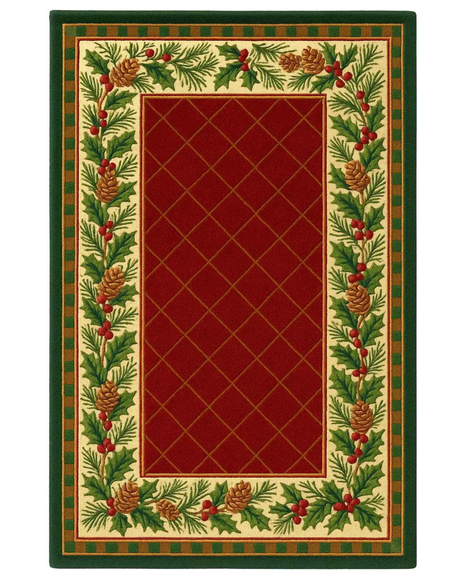 Hand-tufted plaid tartan Christmas rug with pinecone border.