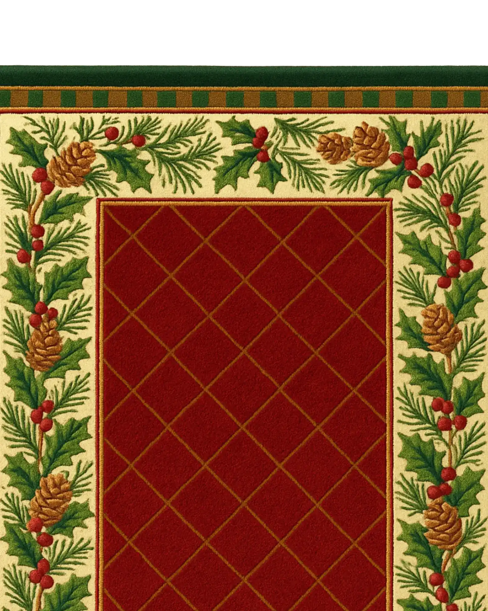 Festive wool Christmas rug with classic plaid pattern.