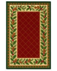 Hand-tufted plaid tartan Christmas rug with pinecone border.