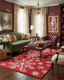 Red and ivory Christmas snowflake runner area rug with a hand-tufted finish, featuring festive patterns that add a warm holiday accent to living rooms, hallways or entryways