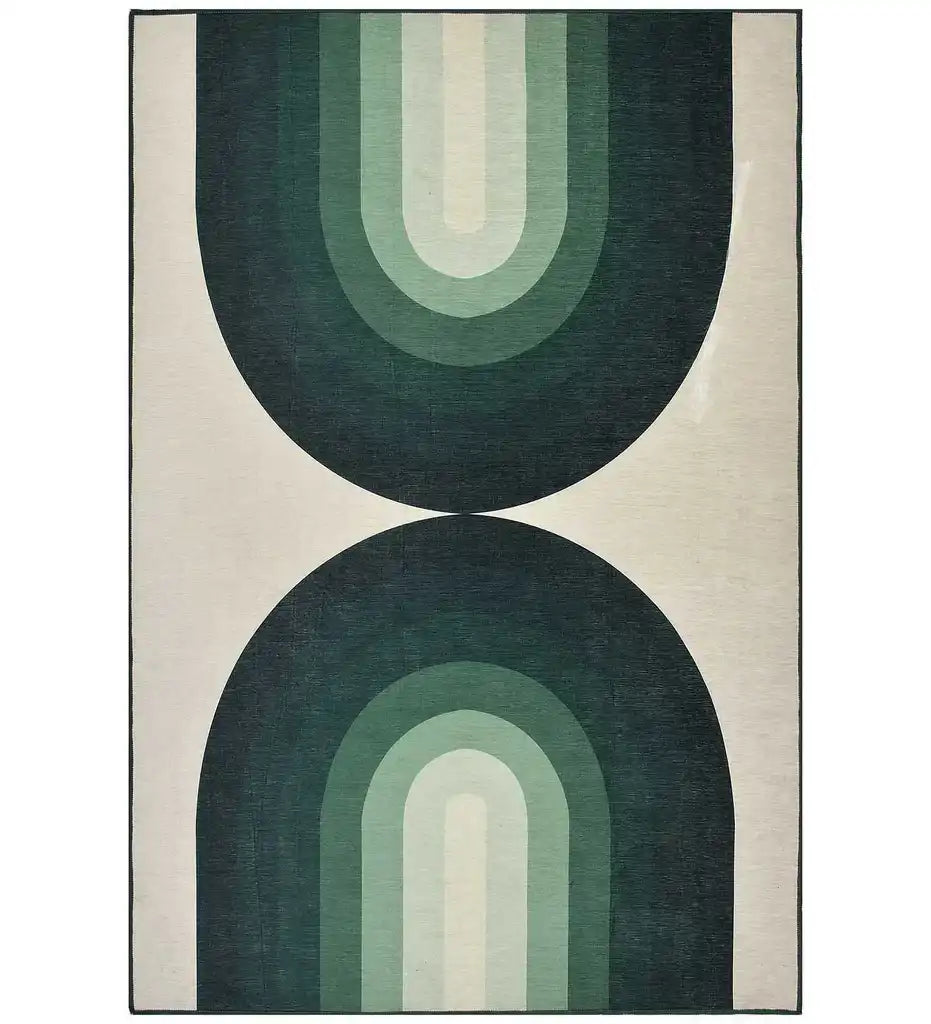 Modern geometric rug with retro green and earthy arch patterns by Mannat Rugs