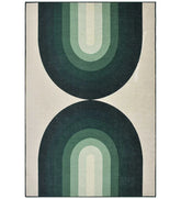 Retro green geometric arch rug with earthy tones.