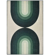 Retro green geometric arch rug with earthy tones.