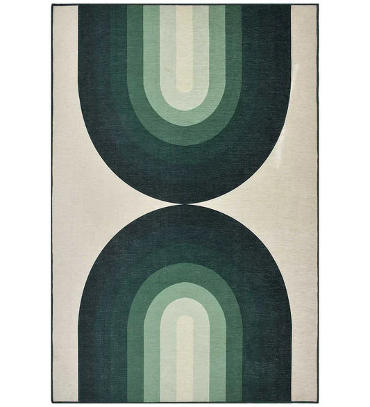 Retro green geometric arch rug with earthy tones.