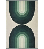 Modern geometric rug with retro green and earthy arch patterns by Mannat Rugs