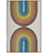 Retro rainbow geometric arch rug with vibrant colors.